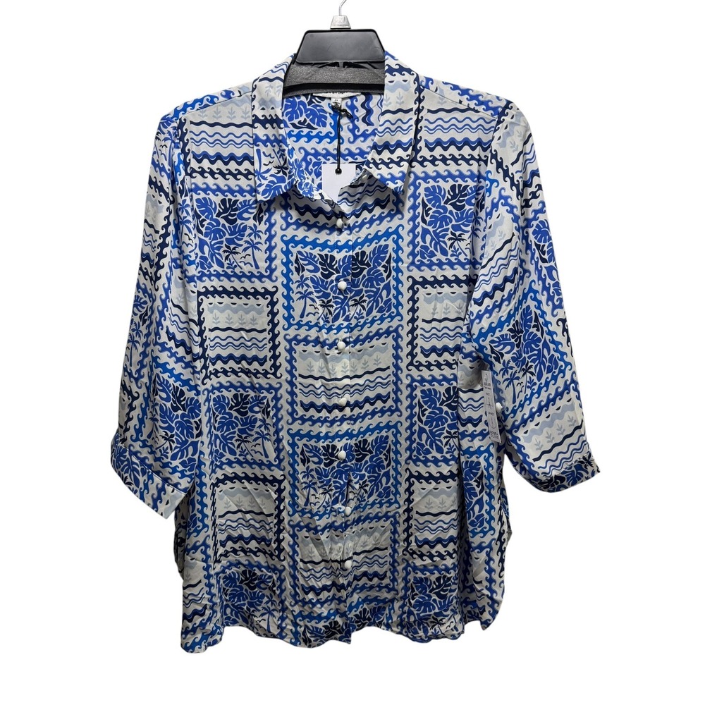 Rose +Olive New Resort Plus Button Front Top 3/4 Sleeve Blouse Vacation Blue 1X